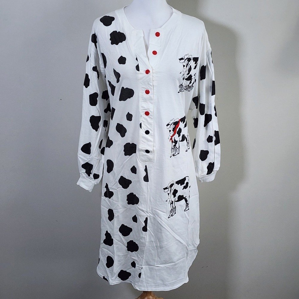Cow Print Nightgown Womens XL Cotton Henley Long Sleeve Sleepwear Fairy Western
